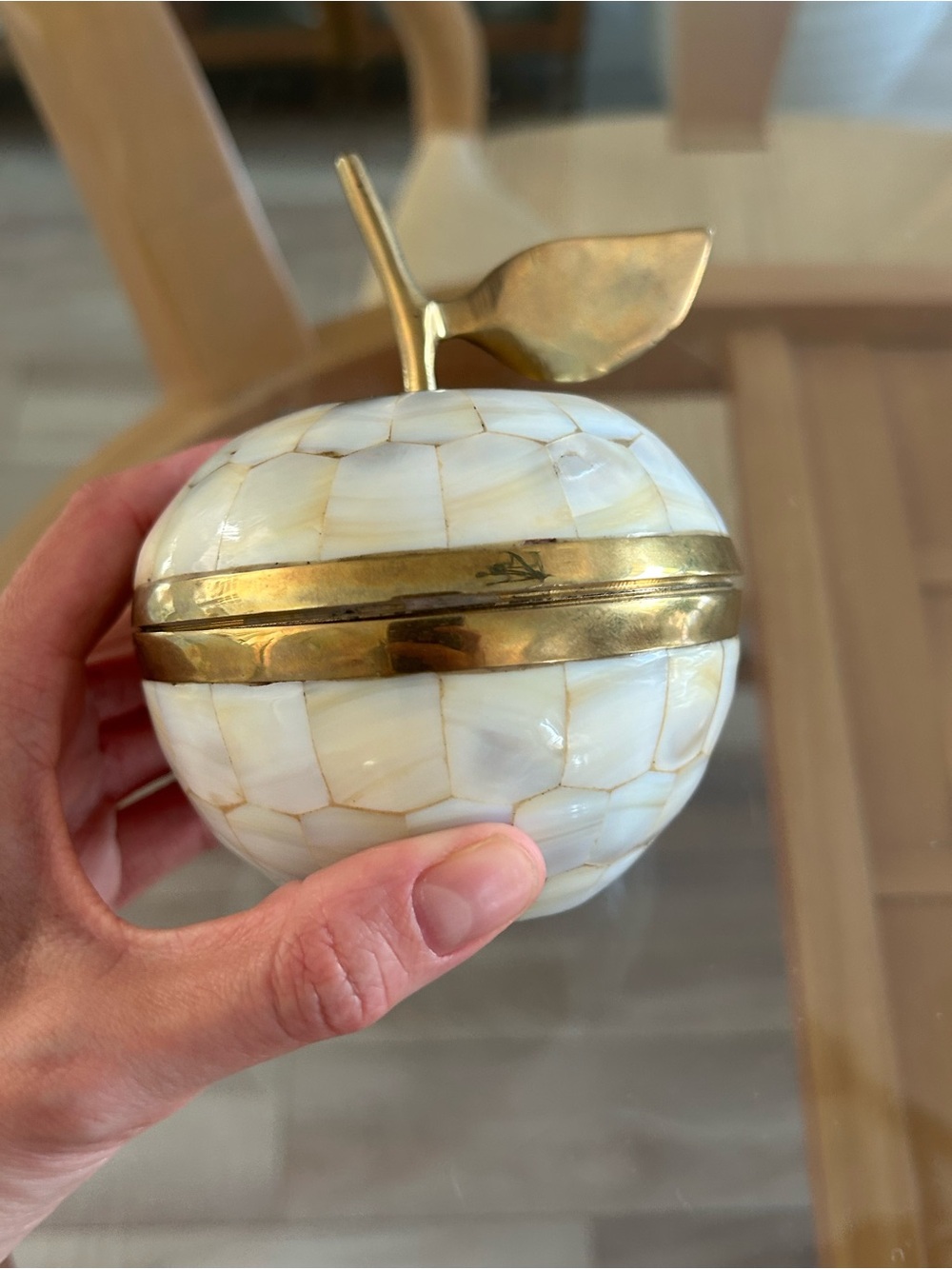 Decorative Mother of Pearl Apple Trinket Box with Brass Accents - Picture 5 of 16